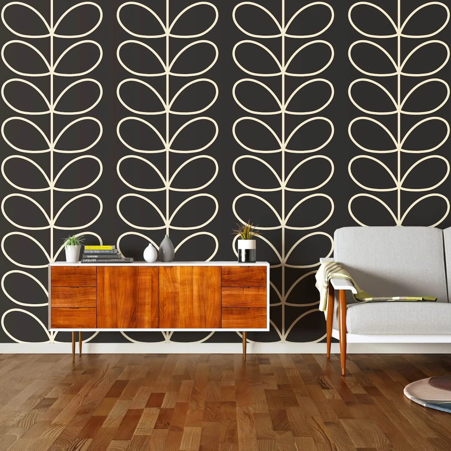 Giant Linear Stem Charcoal Wallpaper - 52cm X 10m