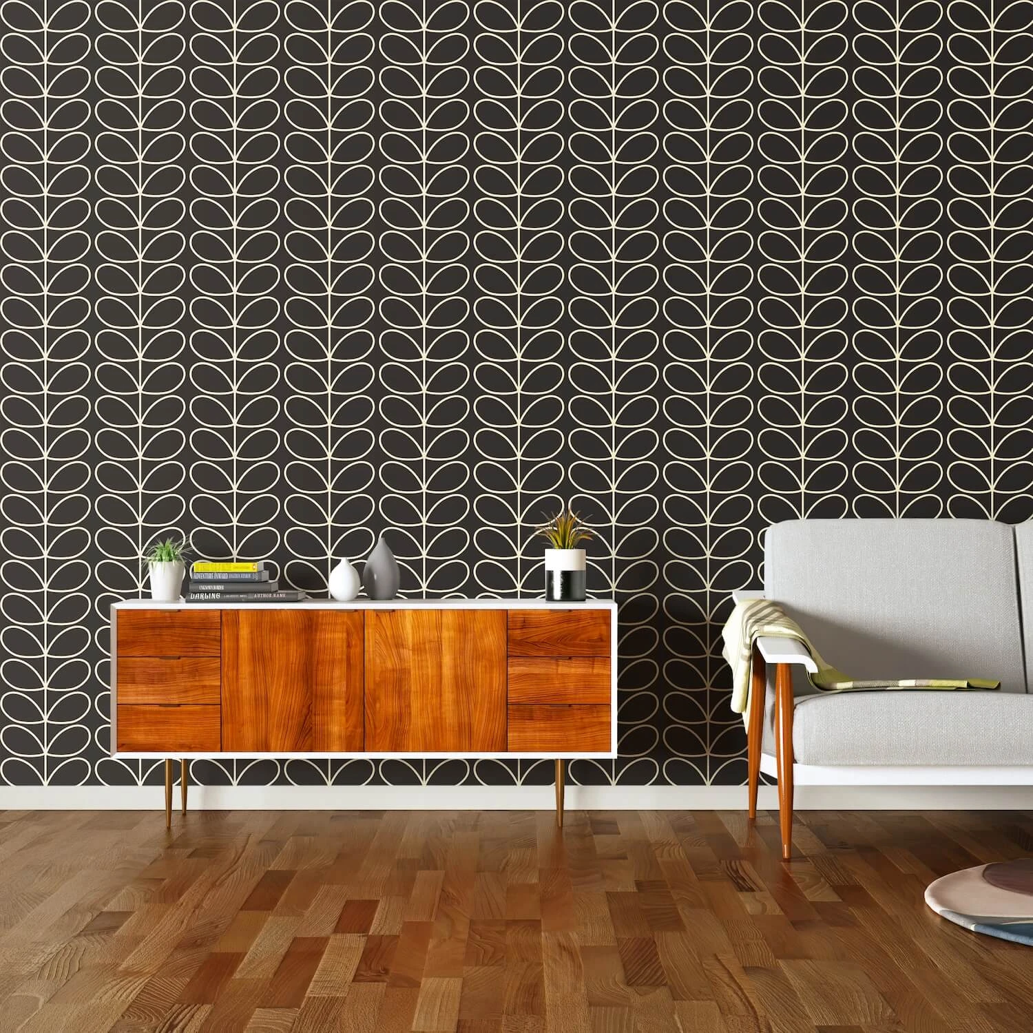 Linear Stem Charcoal Wallpaper - 52cm X 10m